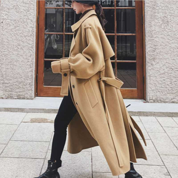 

long woolen coat autumn winter women double breasted new fashion belted overcoat plus size 2xl, Black