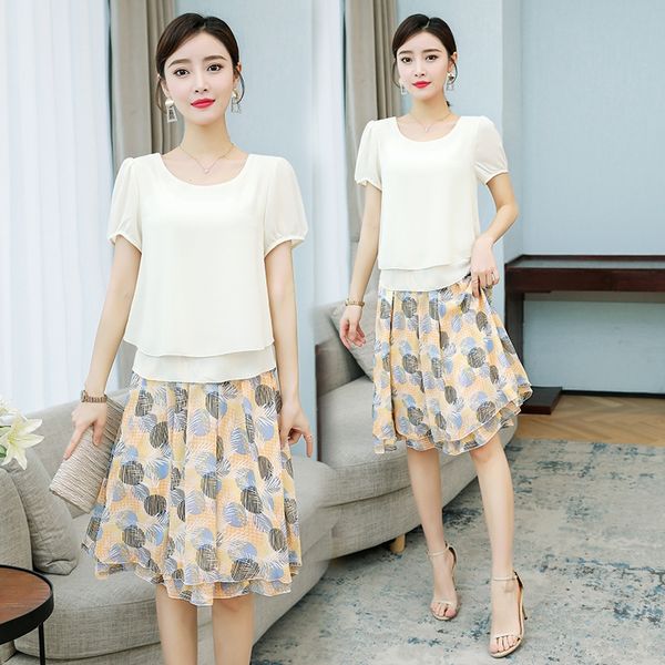 

chiffon 2020 new short sleeve mid-length dress two-piece suit for women super fairy slimming elegant dress, Black;gray