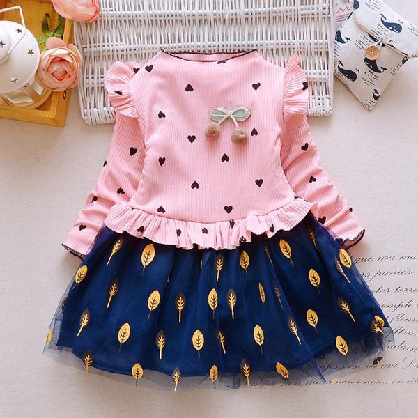 

new fashion long sleeve toddler kids baby girl princess floral tulle patchwork party dress clothes outfits wholesale 2020, Red;yellow