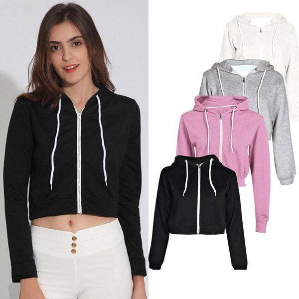 

autumn women sweatshirt crop zip up hooded sweatshirt cool short streetwear fashion ladies long sleeve cropped hoodies, Black;brown
