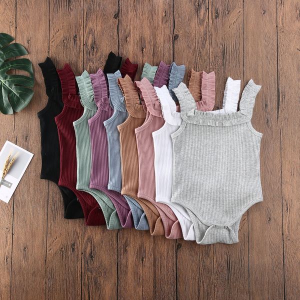 

2020 baby girls boys bodysuits summer clothing newbown sleeveless ribbed ruffled solid jumpsuits solid playsuits 3m-24m, Blue