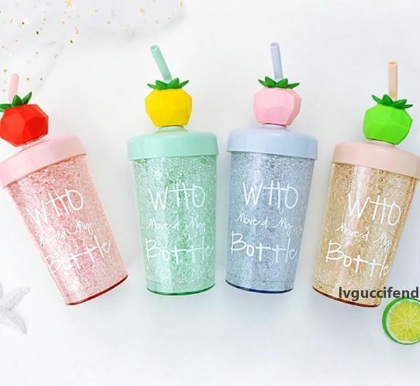 

the latest 9oz summer new plastic double straw cup cold gel ice cool cup stirring cup, support custom logo ice cup
