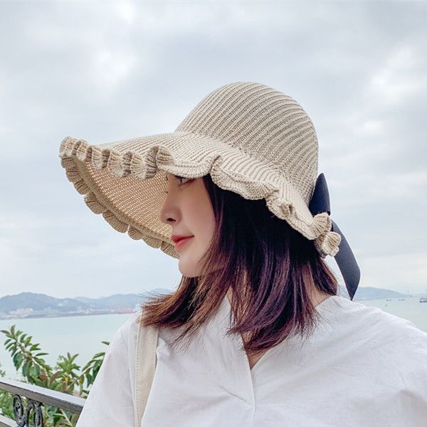 

new women's shade travel foldable screen sun straw sun hat big eaves bowknot all-match empty straw hat, Blue;gray