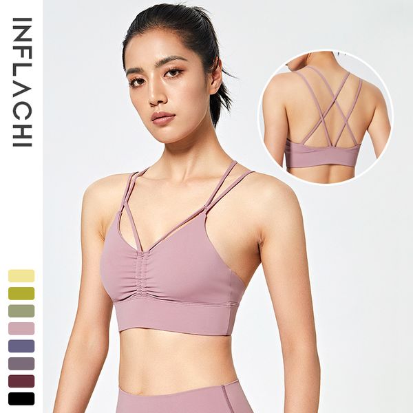

gym clothing push up fitness sports bra women activewear padded back cross strappy workout yoga shockproof running bras, White;black