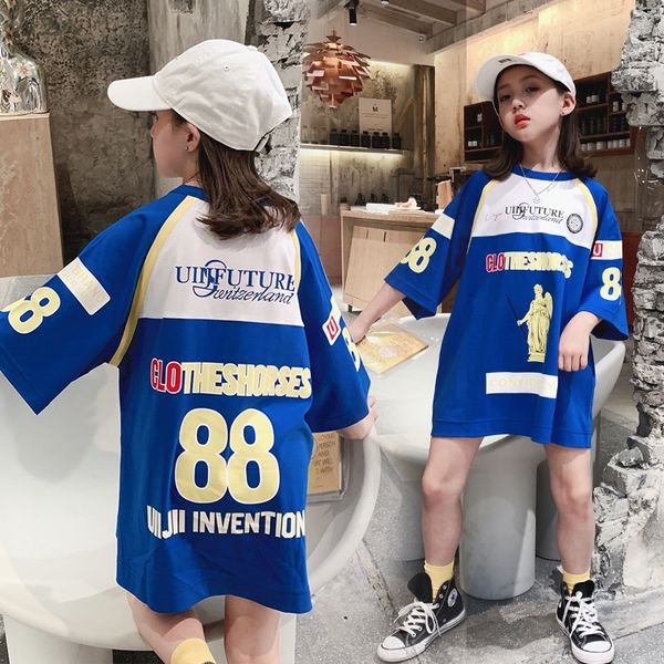 

2020 new korean style foreign style girl basketball basketball suit summer dress t-shirt dress printed long t-skirt all-match fashion, Blue
