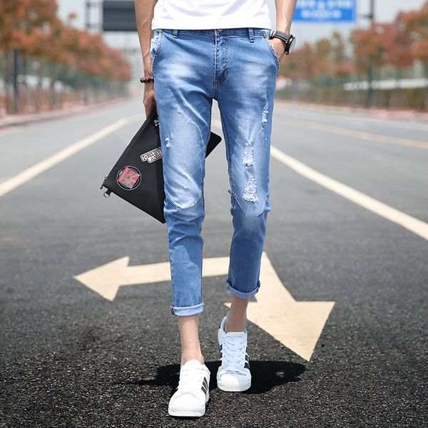 

djeiz men's ripped stretch slim-fit teenager ankle and beggar trendy men's ripped stretch slim-fit teenager ankle pants jeans and, Blue