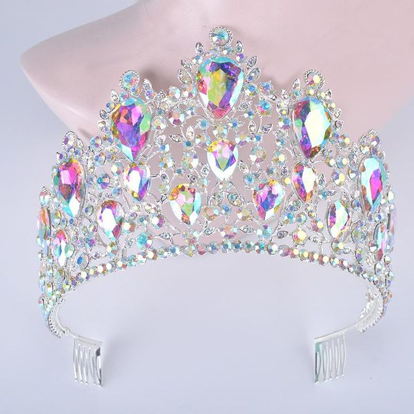 

statement silver ab color wedding hair tiara large teardrop crystal women crowns with comb bridal headpiece hair jewelry diadema t200522, Slivery;golden