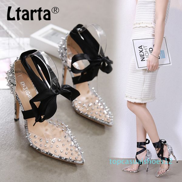

leopard land 12cm high heels women rivet pumps heels shoes 2020 popular roman tie matching high-heeled sandals t12, Black