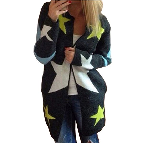 

danjeaner autumn winter women long sleeve stars printed long cardigan europen style elegant pocket knitted outerwear sweater cap, White