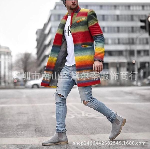 

qvnt3 fashion men rainbow striped slim windbreaker length single breasted woolen trench fashion men rainbow striped slim windbreaker wool co, Black