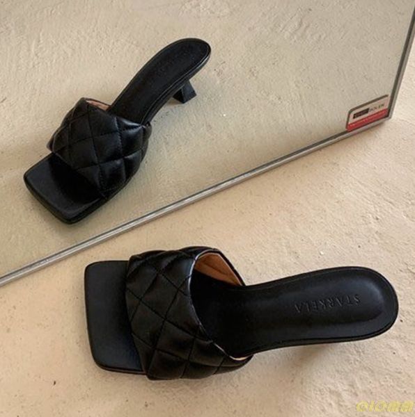 

2020 square toe slippers women peep toe med heel 4cm slides summer shoe women embroidery mule massage outsole slipper size 35-39, Black