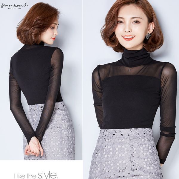 

black lace blouse women turtleneck shirt elastic ladies womens casual blouses solid blusas femininas 2020 plus size, White