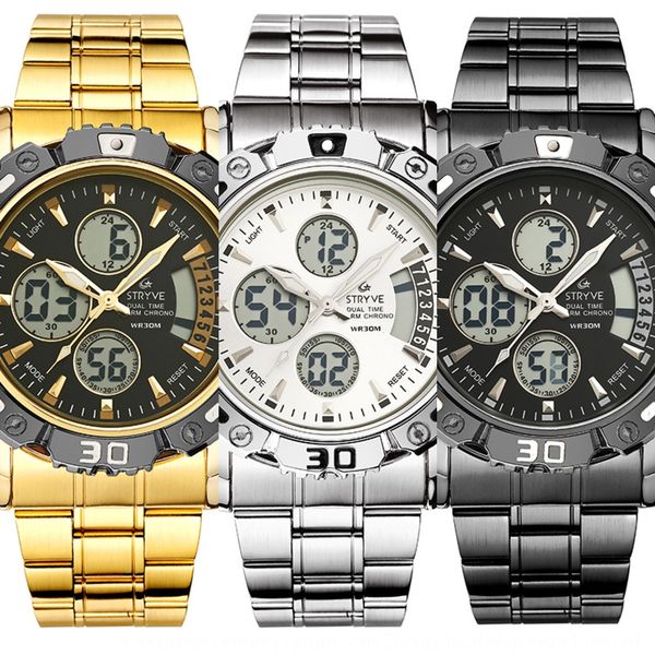 

0n2da stryve multi-functional men's stainless steel dual-movement electronic watch waterproof leisure timing meter electronic luminous, Blue