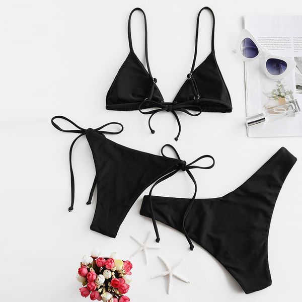

padded cami three pieces bikini swimsuit solid color triangle cup nylon strap split bikini suit low waisted fashion for women, White;black
