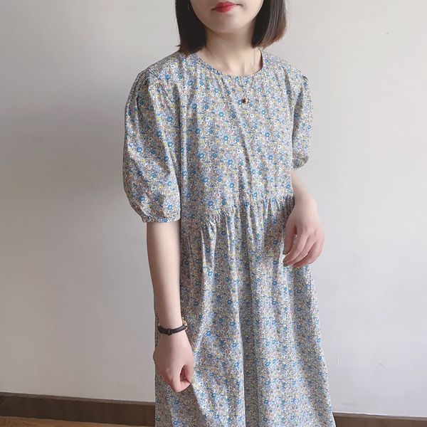 

casual dresses 2021 summer japanese college style retro floral wild loose round neck short sleeve dress, Black;gray