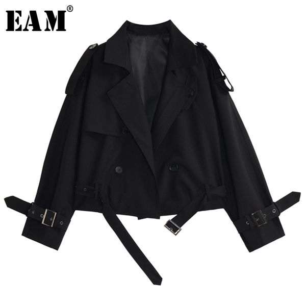 

[eam] loose fit black brief stitch bandage short jacket new lapel long sleeve women coat fashion tide spring autumn 2020 1y397, Black;brown