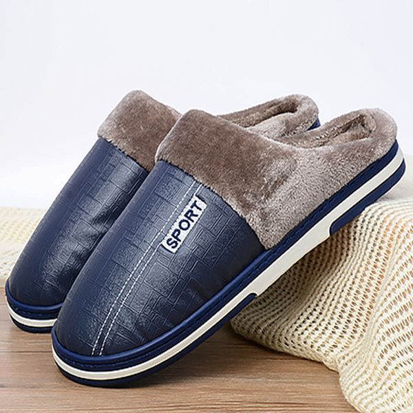 

men's slippers winter big size 39-45 pu leather indoor shoes for male keep warm antiskid cozy short plush home slippers men 2020, Black