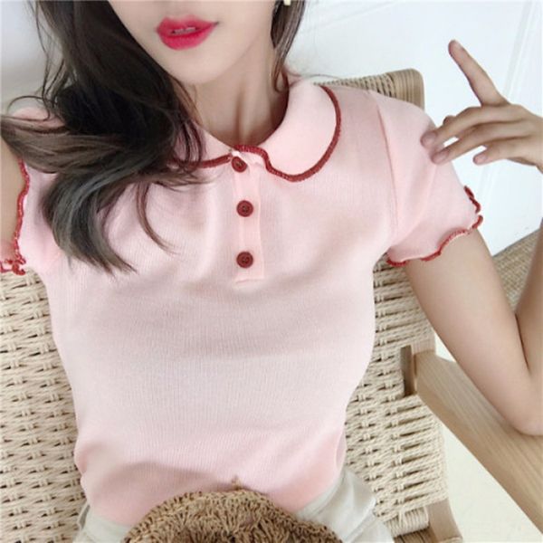 

summer 2020 new korean style slim-fit knitw knitwear women's wooden ear doll collar short sleeve top, White;black