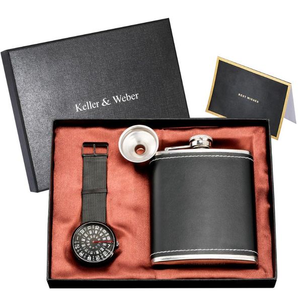 

2020 men fashion gift set quartz wrist watches stainless steel pu leather hip flask with funnel birthday gifts, Slivery;brown