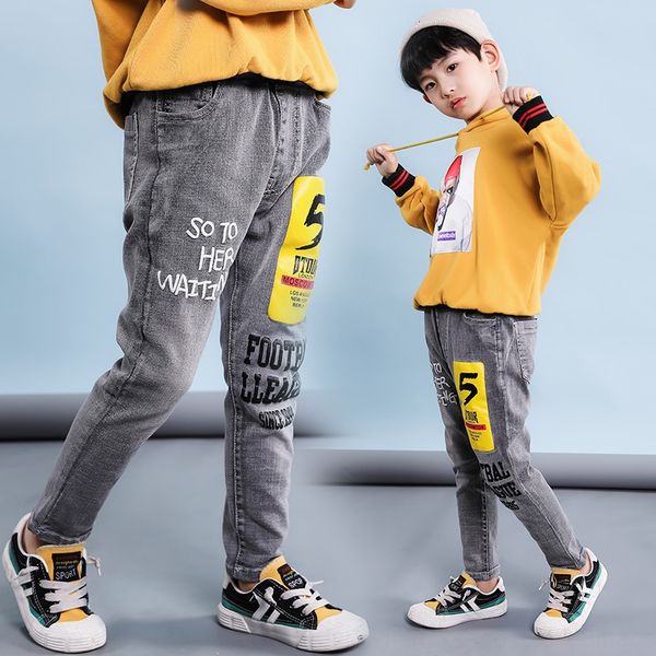 

ystna new style sweat crawler jeans 2020 korean men's jeans children's medium and large children's pants loose casual printed, Blue