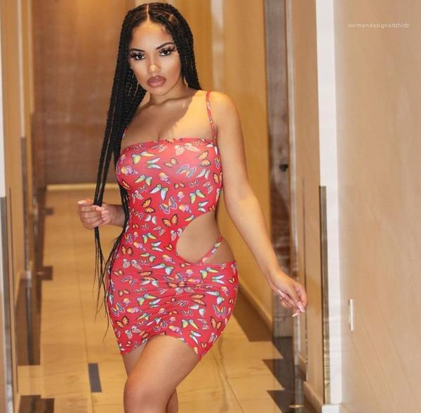 

sleeveless ladies clothing butterfly print retro womens dresses summer spaghetti strap skinny casual dress hole, Black;gray