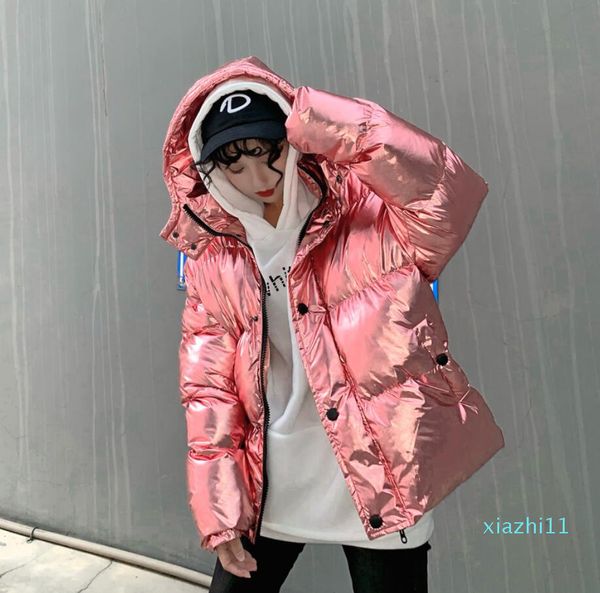

fashion-2018 korean harajuku streetwear ins super fire silver shiny oversized jacket bread down cotton coat winter women coat r584, Black