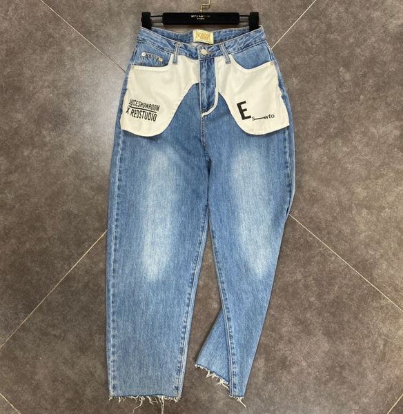 

womengaga 2020 new pocket-turned letters korean version denim trousers patchwork loose wash soft button solid b421, Blue