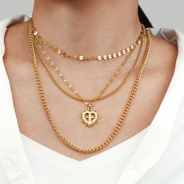

personality heart cross pendant fashion womens necklace accessories tide multi-layer love necklace girls simple choker wholesale, Silver