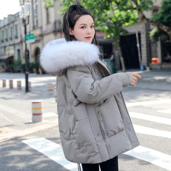 

ntxhn 2020 winter new women's korean style mid-length large fur jacket down jacketcoat down jacket collar loose slimming pocket zipper, Black