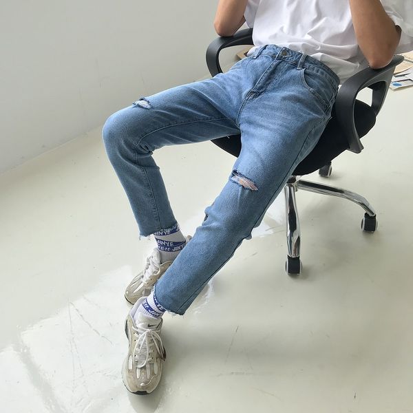 

casual slim fit ankle length denim trousers streetwear hip hop jeans pants vintage broken hole fashion japan korea men male mid, Blue