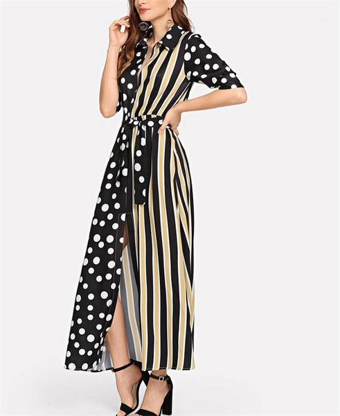 

patchwork sashes high split dresses women fashion casual clothes woman polka dot striped dress womens autumn winter, Black;gray