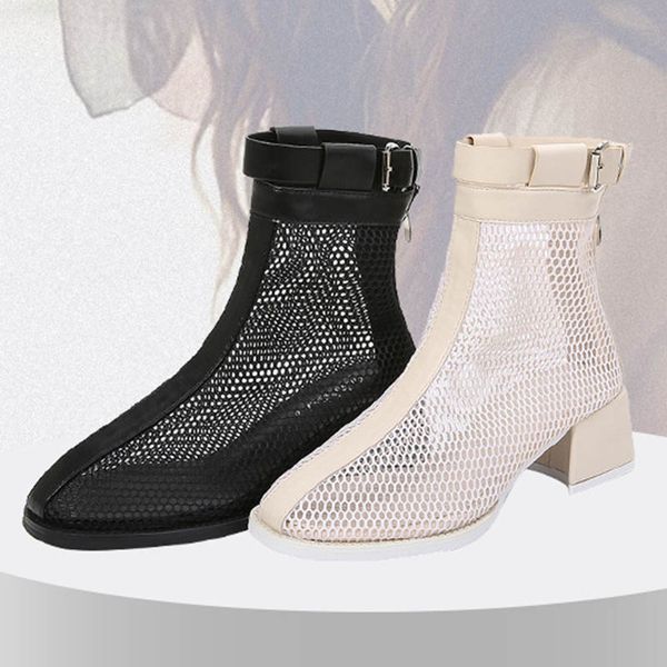 

british zipper mesh summer boots women square toe buckle band botas korean breathable bottes chunky high heels riding botas 2020, Black