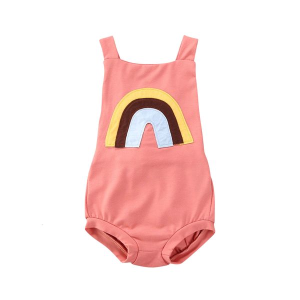 

baby girls romper sleeveless sling rainbow pattern back straps outfit hollow back design pleated waist band jumpsuit romper, Blue