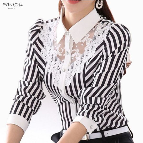 

us warehouse women blouse long sleeve lace striped turn down collar blouses official female formal shirt spring autumn, White