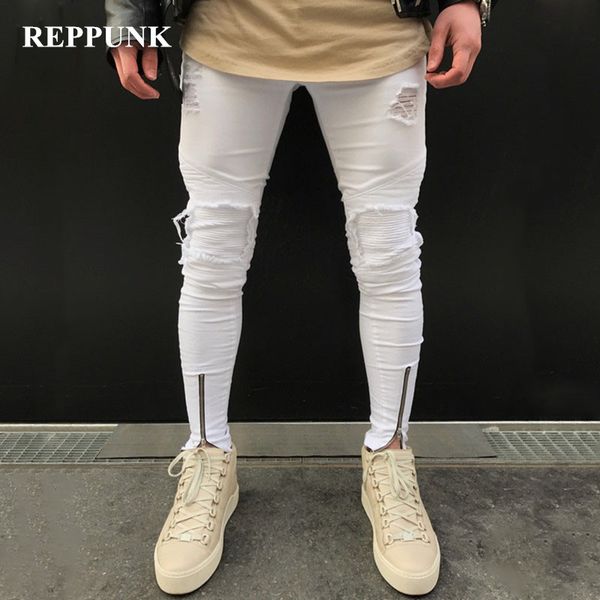 

new men ripped skinny biker jeans pants fashion streetwear pleated patchwork man holes foot zipper cotton casual denim trousers, Blue