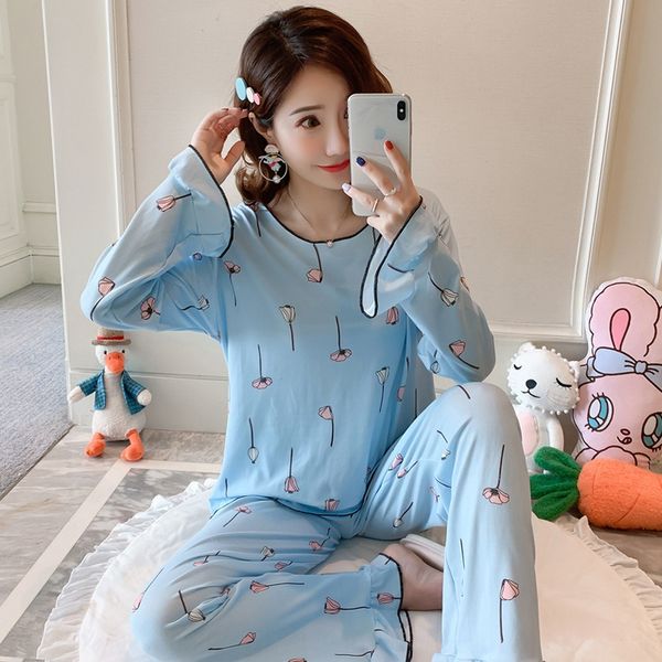 

women's spring long sleeve and winter korean style fresh student pajamas pajamas two-piece set leisure home wear autumn and autumn, Blue;red