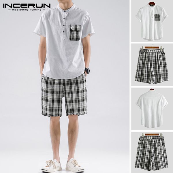 

incerun мужчины harajuku дышащие костюмы мужские наборы для досуга моды хлопка с коротким рукавом лоскутная рубашки вскользь плед шорты s-5x, Gray