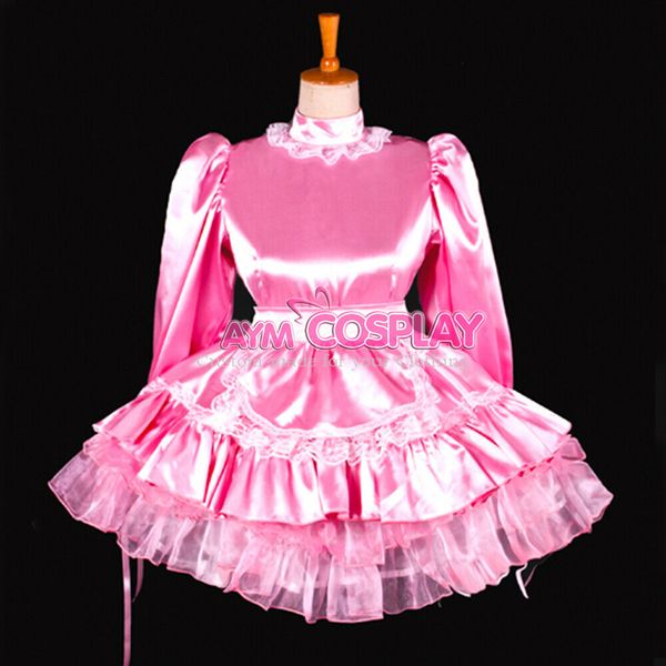 

lockable pink satin mini sissy maid dress, Black;red
