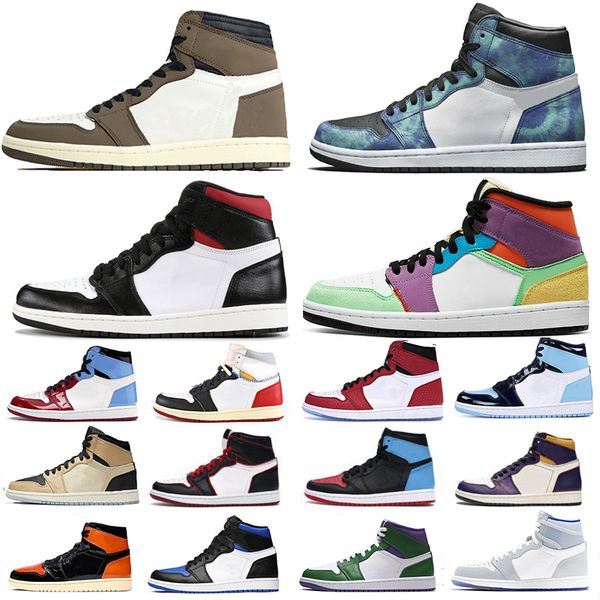 

new racer blue tie dye fearless 1 1s travis scotts basketball shoes court purple twist bred toe union unc mens trainers sneakers, White;red