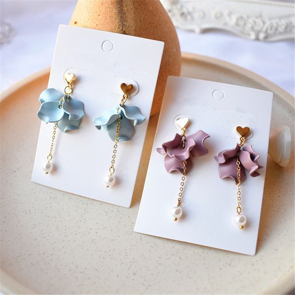 

stud 2021 bohemia acrylic heart earrings tassel pretty metal super fairy flower long petals pearl earring for woman jewelry, Golden;silver