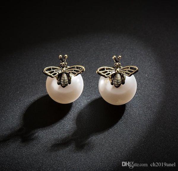 

retro bee designer stud earring women girls pearl insect bee luxury earring fashion jewelry accessories gift for love, White