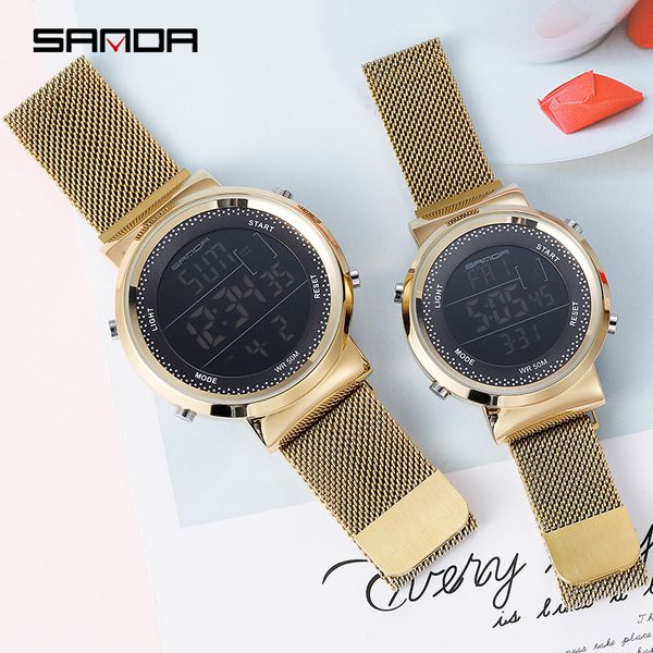 

high-end watch mens multi-functional digital waterproof mesh belt fashion middle school outdoor sports couple electronic watch, Slivery;brown