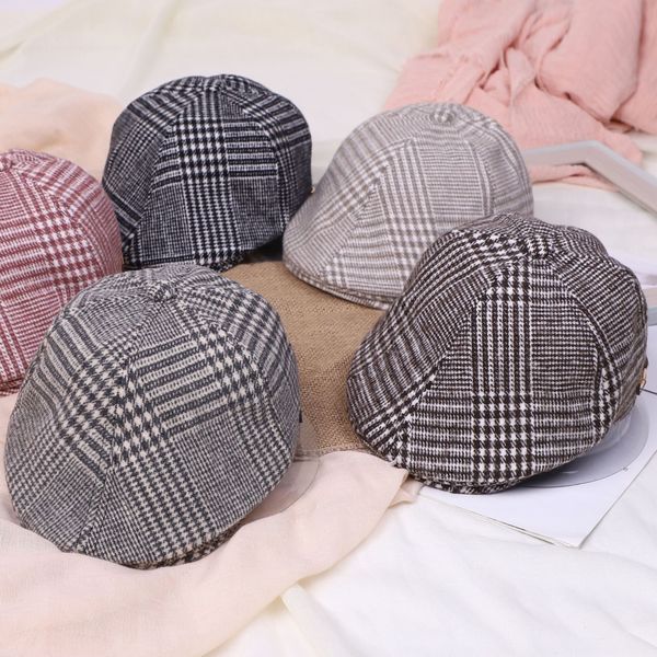 

children's new plaid forward painter octagonal cap baby cap beret baby hat hat english style beret, Yellow