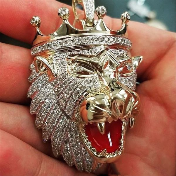 

hip-hop influx of men and men's diamond necklace lion head crown pendant, Silver