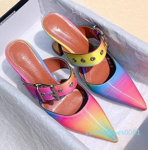 

size 34 to 42 chic pointed toe rainbow colorful spool heels mules shoes designer pumps bridal wedding shoes 9cm c01, Black