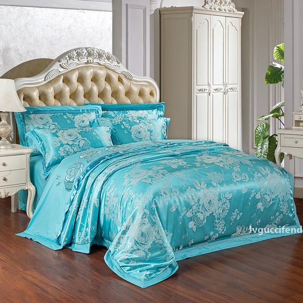 

2018 bllue green flowers bed in bag silk cotton blend bedlinens jacquard  king duvet cover set sheet pillowcases