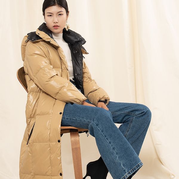 

зима нового яркая случайная утолщенная куртка белая утка женщин вниз прямым капюшоном качества пуховика для женщин, Black