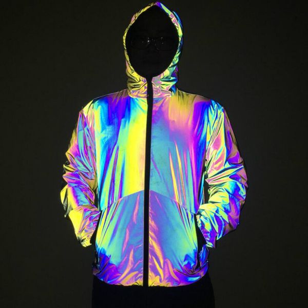

men's jackets autumn winter men night colorful reflective hooded jacket casual windbreaker man hip hop and coats, Black;brown