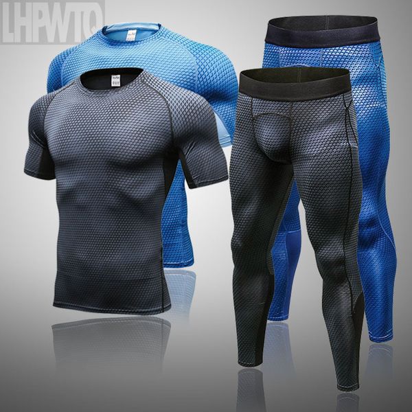 

2 шт / наборы костюмы спортивная футболка мужские бег shritssports бег трусцой брюки мужские compression костюм футбол play gym беговая уста, Black;blue