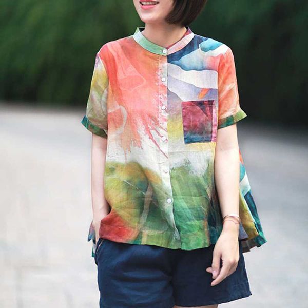 

johnature vintage shirts art print button short-sleeved women blouse 2020 summer fashion loose wild ladies blouse, White